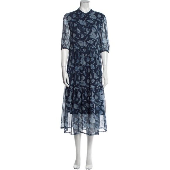 đź’•RAQUEL ALLEGRAđź’• Peasant Tiered Dress ~100% Silk Navy Blue Print Medium - Picture 9 of 16